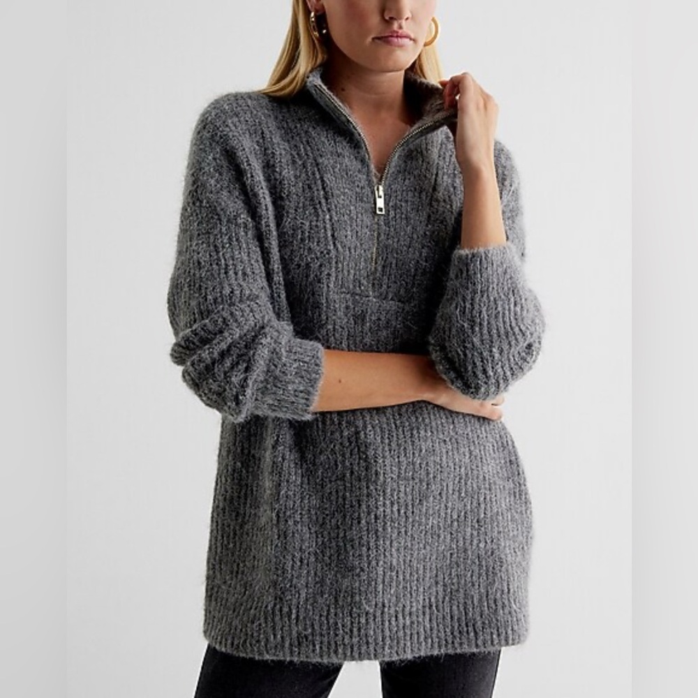 Express Fuzzy Knit Quarter Zip Tunic Sweater size L
